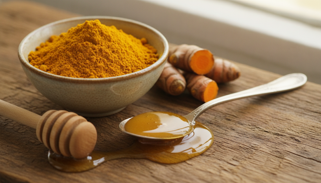 Ingredients for a turmeric and honey face mask a small bowl with turmeric powder a spoon with raw honey and fresh turmer