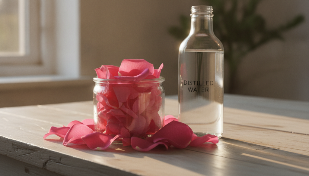 Ingredients for homemade rosewater elixir including fresh rose petals a glass jar and distilled water beautifully arrang