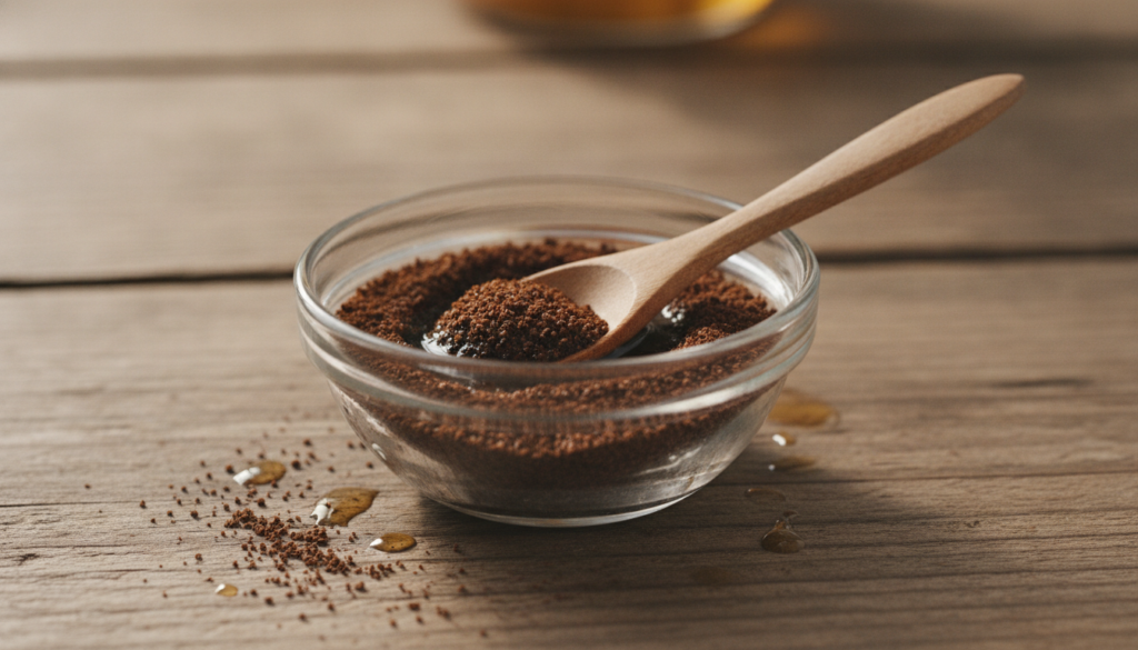 A close-up of a bowl containing coffee grounds and baby oil with a mixing spoon ready to be applied as a face mask The b