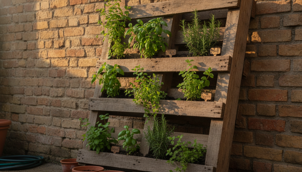 A creative DIY vertical garden made from repurposed wooden pallets filled with various herbs like basil mint and rosemar