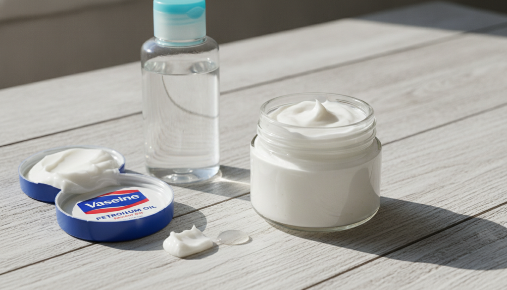A small clear glass jar filled with a creamy white homemade facial cream next to open containers of Vaseline and baby oi