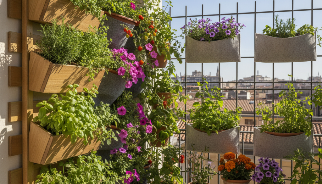A vibrant vertical garden on a balcony featuring various herbs small vegetables and colorful flowers in tiered planters 