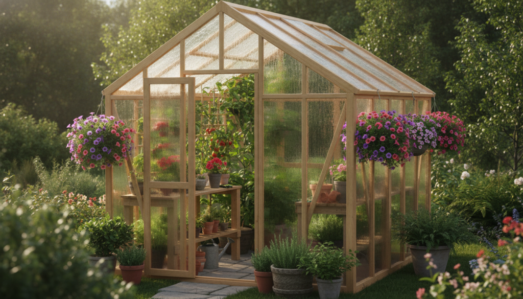 A beautiful small DIY greenhouse constructed from wood and clear polycarbonate panels filled with lush green plants and 