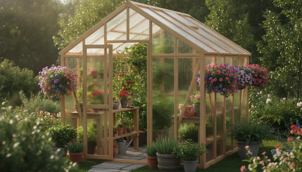 A beautiful small DIY greenhouse constructed from wood and clear polycarbonate panels filled with lush green plants and