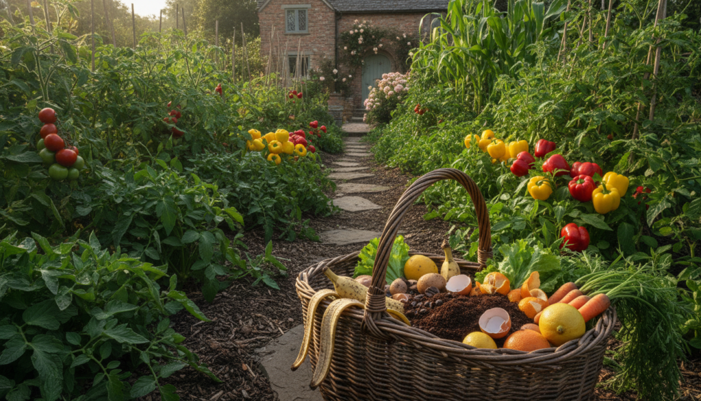A vibrant home garden with various healthy plants and a basket filled with common kitchen scraps like fruit peels vegeta