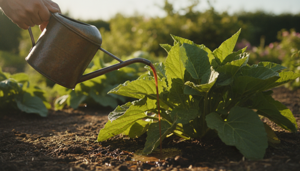 A person gently pouring homemade compost tea from a watering can onto the base of a healthy plant in a garden illustrati