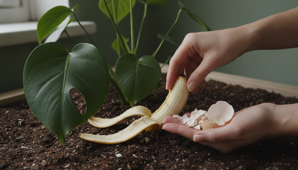 A close-up shot of a gardener s hands adding banana peels and eggshells to a plant s base in a healthy garden bed