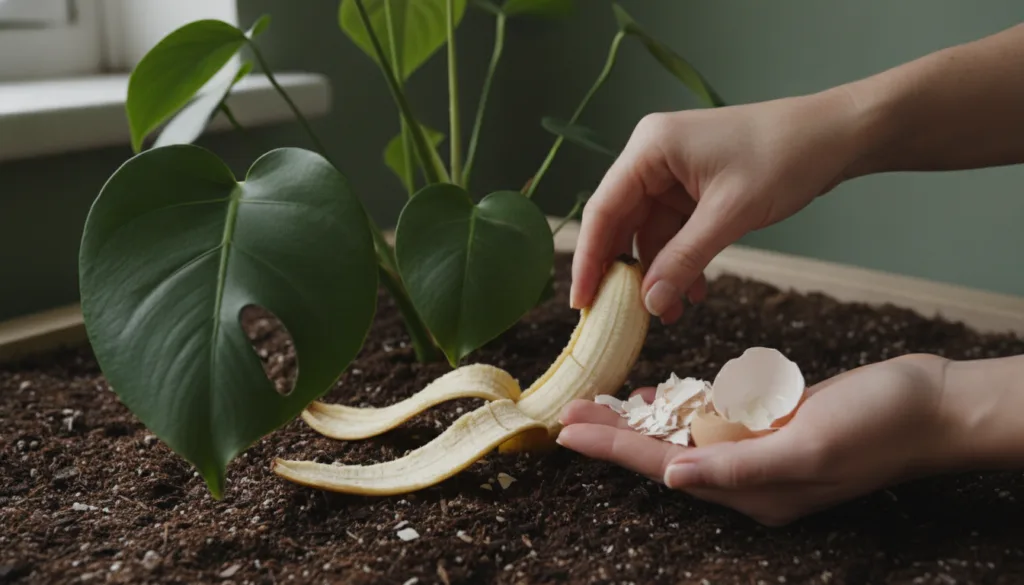 A close-up shot of a gardener s hands adding banana peels and eggshells to a plant s base in a healthy garden bed