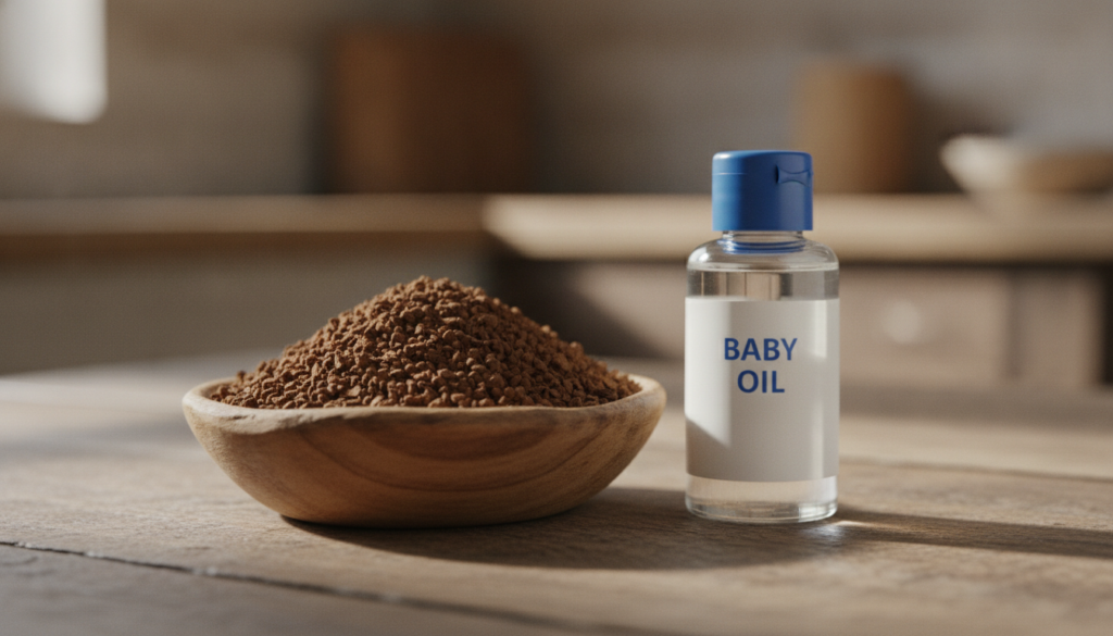 A close-up shot of instant coffee granules in a small wooden bowl next to a bottle of baby oil on a rustic wooden surfac
