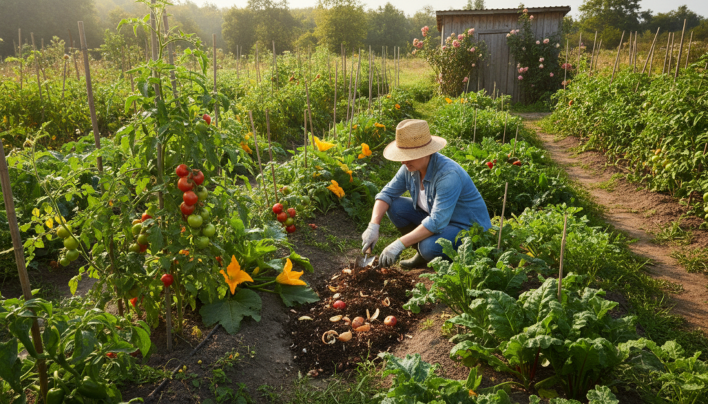 A vibrant healthy vegetable garden with various plants thriving In the foreground a gardener is gently adding composted