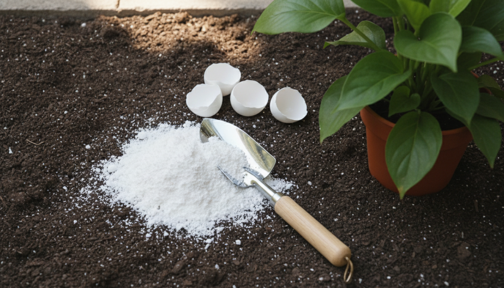 A close-up of crushed eggshells some whole eggshells and a small garden trowel next to a vibrant green potted plant