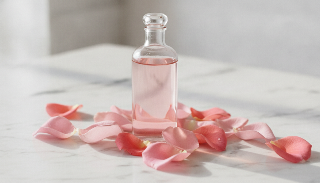 A close-up of a glass bottle of natural rose water with fresh pink rose petals scattered around it on a light soft backg