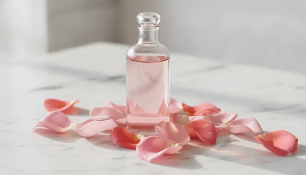 A close-up of a glass bottle of natural rose water with fresh pink rose petals scattered around it on a light soft backg