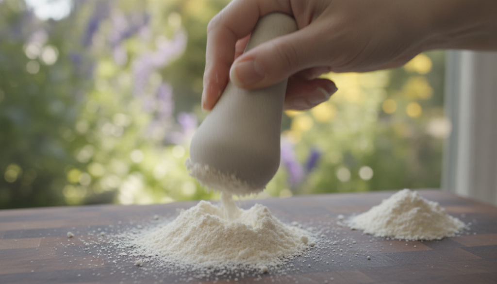 A close-up of a hand crushing dried eggshells into a fine powder next to a small pile of crushed eggshells The backgroun