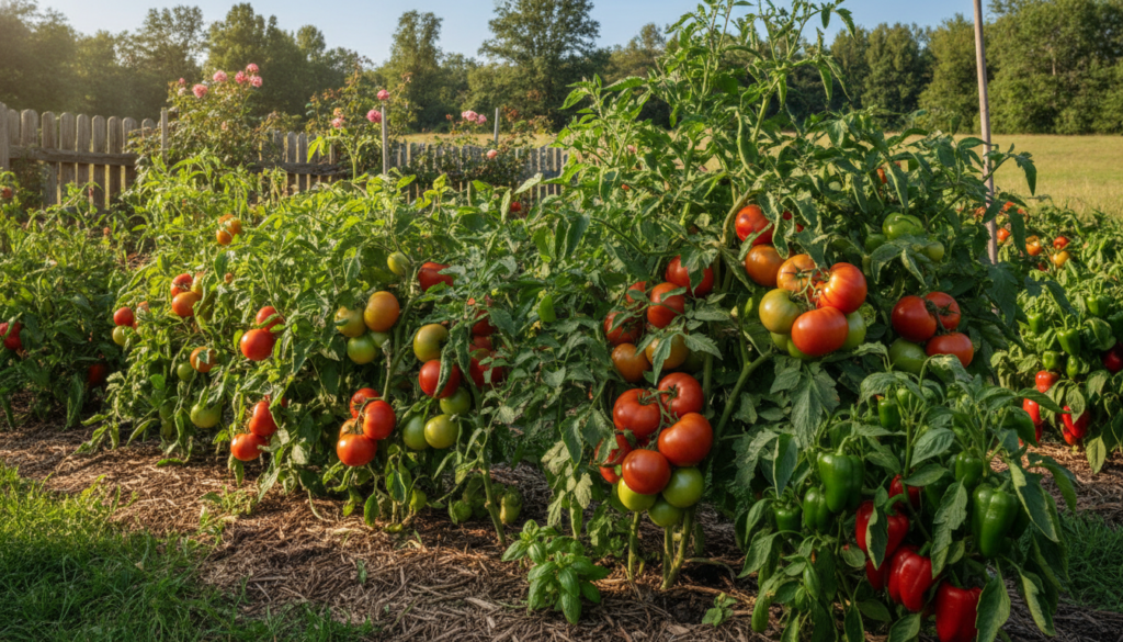 A vibrant garden bed with healthy tomato and pepper plants showing no signs of blossom end rot The soil around the plant