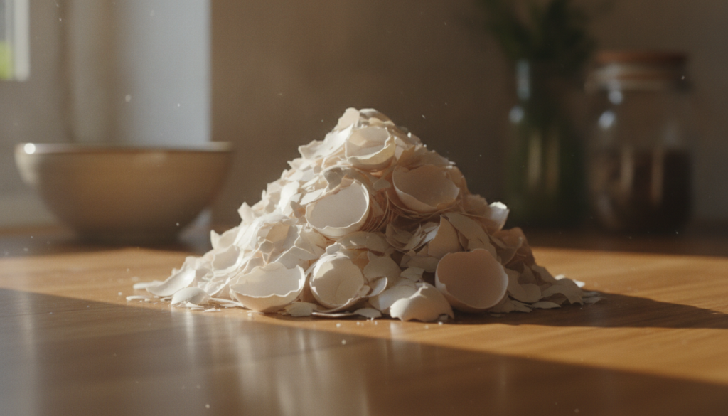 A pile of clean dried eggshells on a kitchen counter ready for processing into fertilizer