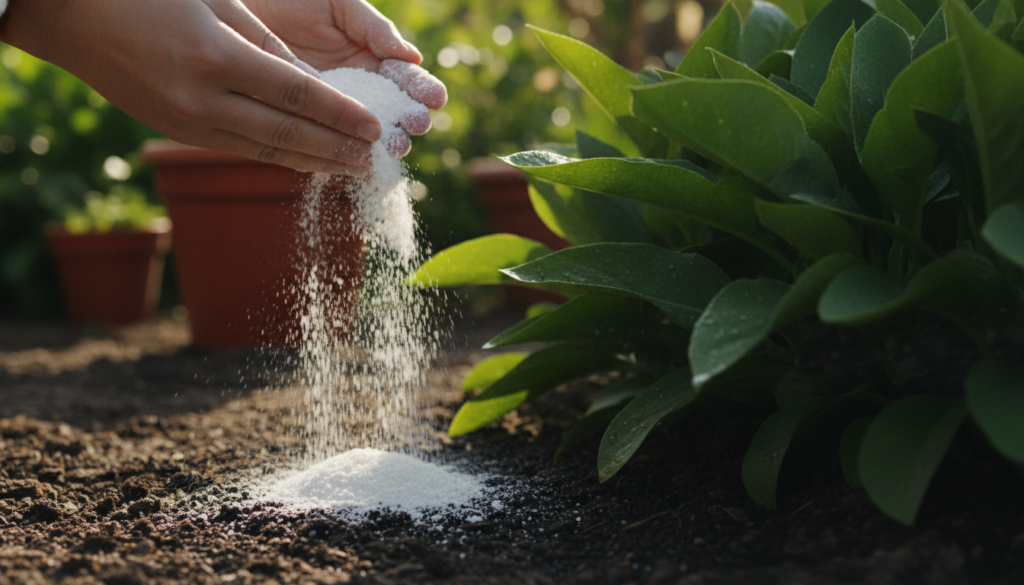 A close-up of hands sprinkling finely ground eggshell powder around the base of a healthy green plant in a garden bed
