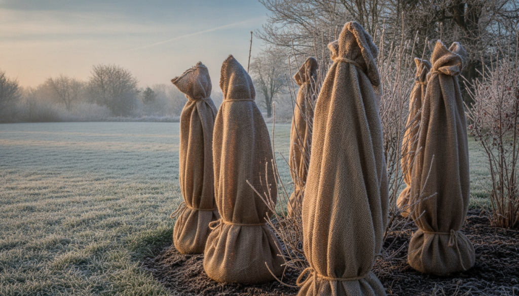 Tender shrubs wrapped in burlap for frost protection in a garden setting