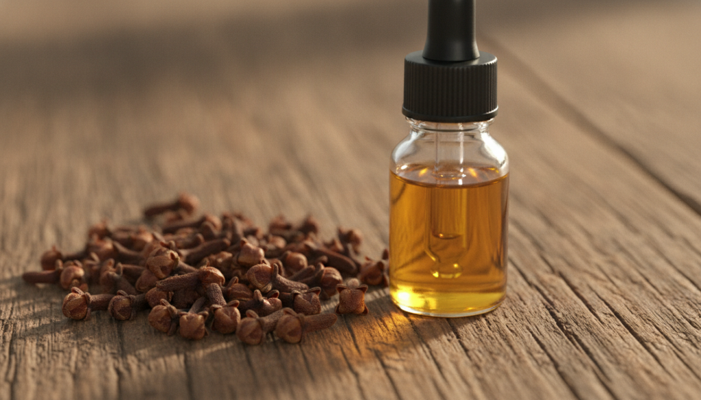 A close-up shot of dried whole cloves and a small glass dropper bottle filled with golden clove oil set against a warm n
