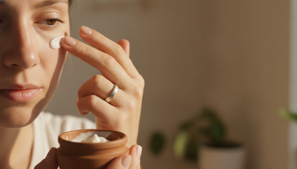 A person gently applying a small amount of DIY under-eye cream to their under-eye area with their ring finger demonstrat