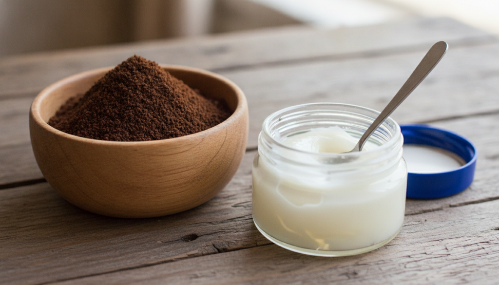 A close-up shot of a small bowl containing ground coffee and another small jar of Vaseline on a wooden table suggesting 
