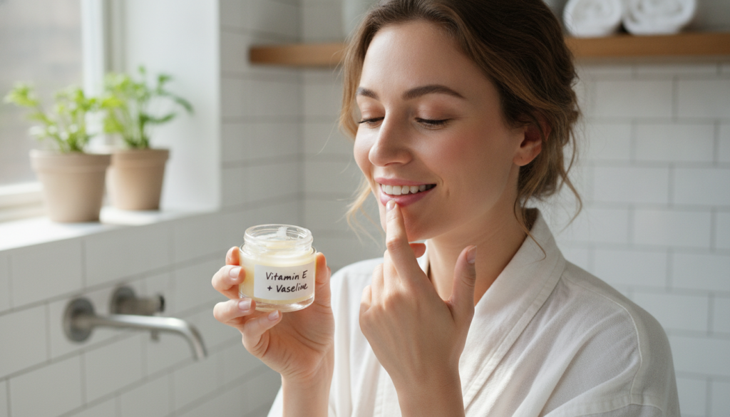 A woman gently applying a small amount of the Vitamin E and Vaseline mixture to her lips smiling softly