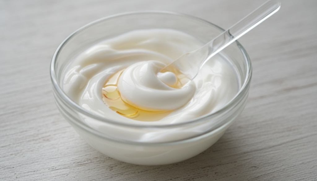 Close-up shot of a small bowl with Vaseline and a few drops of Vitamin E oil being mixed with a spatula