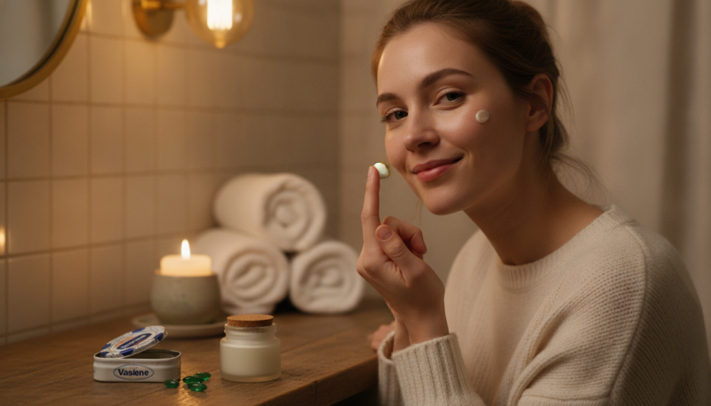 A woman gently applying a homemade Vitamin E and Vaseline mixture to her face at night in a cozy bathroom setting