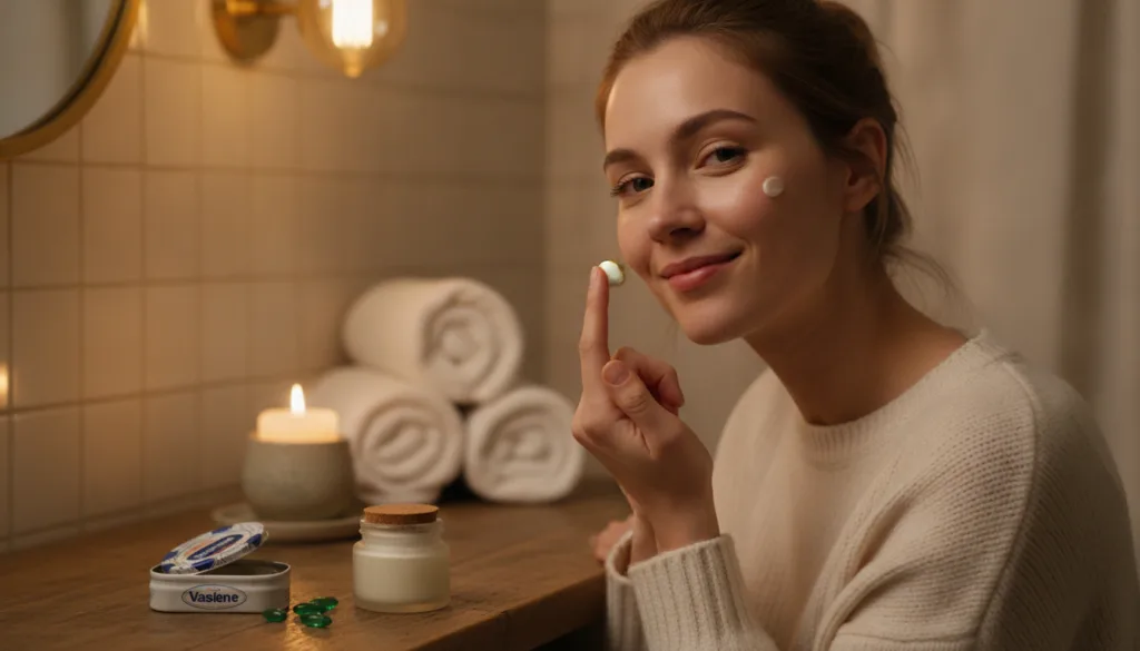 A woman gently applying a homemade Vitamin E and Vaseline mixture to her face at night in a cozy bathroom setting