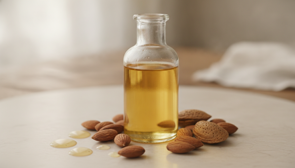 A close-up shot of sweet almond oil in a clear glass bottle surrounded by fresh almonds and a few drops of oil on a clea