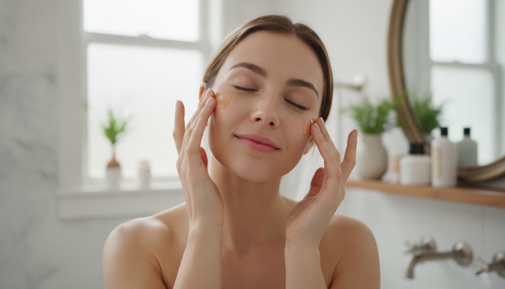 A woman gently applying a few drops of natural oil to her face with her fingertips her eyes closed in contentment in a b