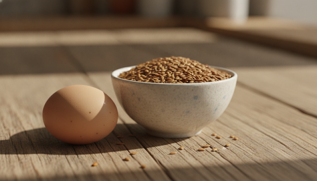 Close-up of a bowl with flax seeds and a separate egg in a shell illustrating the natural ingredients for the mask