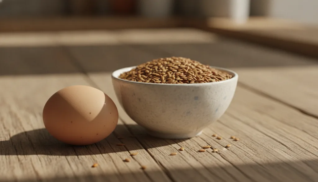 Close-up of a bowl with flax seeds and a separate egg in a shell illustrating the natural ingredients for the mask