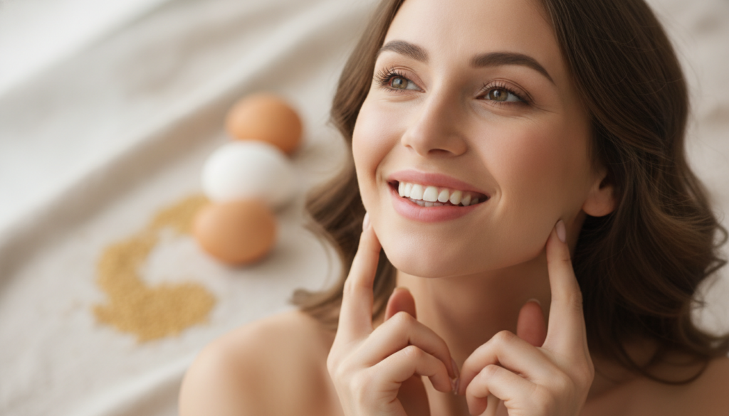 A woman smiling confidently gently touching her firm jawline with soft natural lighting In the background there are subt