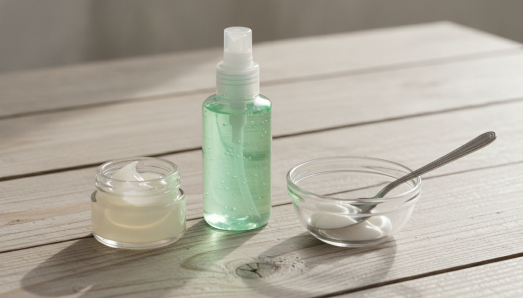 Ingredients for DIY anti-aging gel a jar of Vaseline a container of clear aloe vera gel and a small mixing bowl with a s