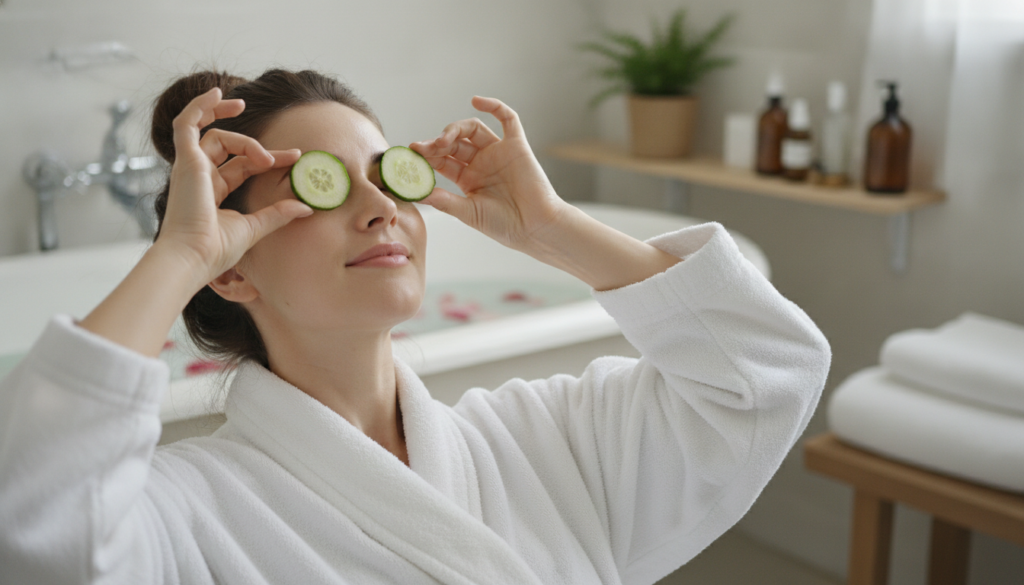 A woman gently placing cucumber slices over her closed eyes looking relaxed in a bright natural setting