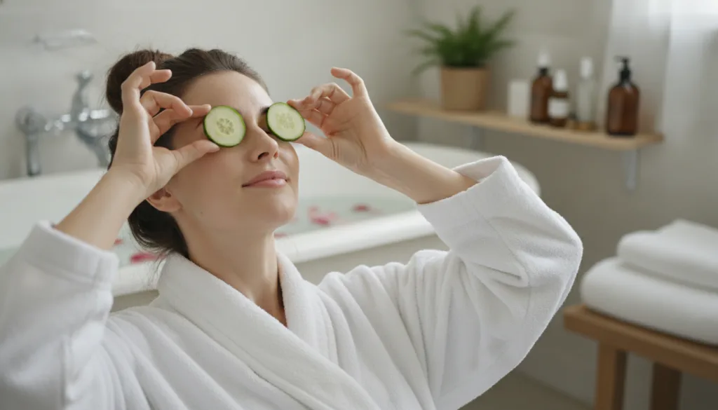 A woman gently placing cucumber slices over her closed eyes looking relaxed in a bright natural setting