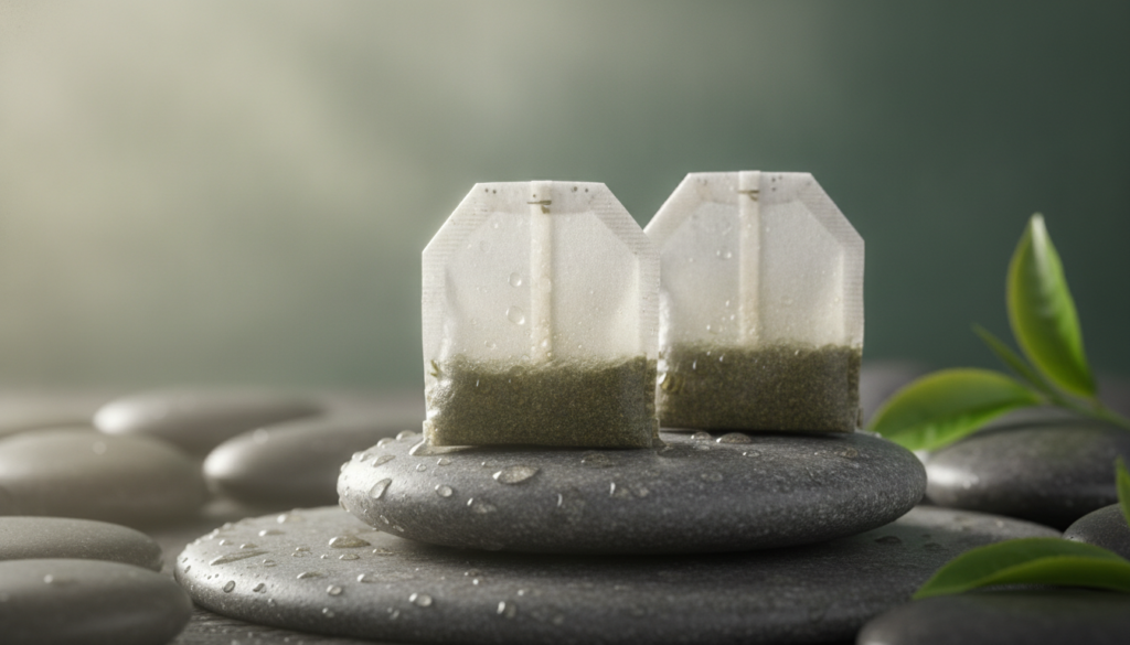 Two chilled tea bags resting on a small smooth stone with soft morning light illuminating them