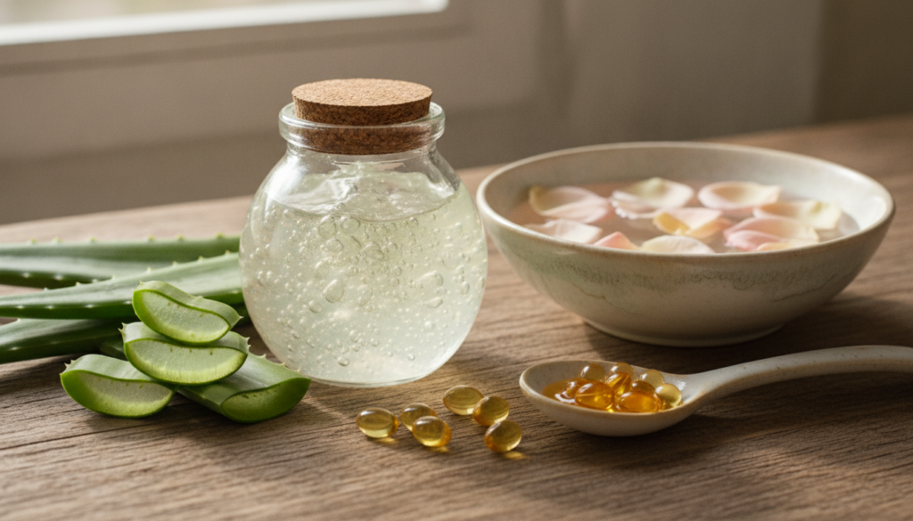 A beautiful jar of homemade anti-aging gel surrounded by natural ingredients like aloe vera leaves vitamin E capsules an
