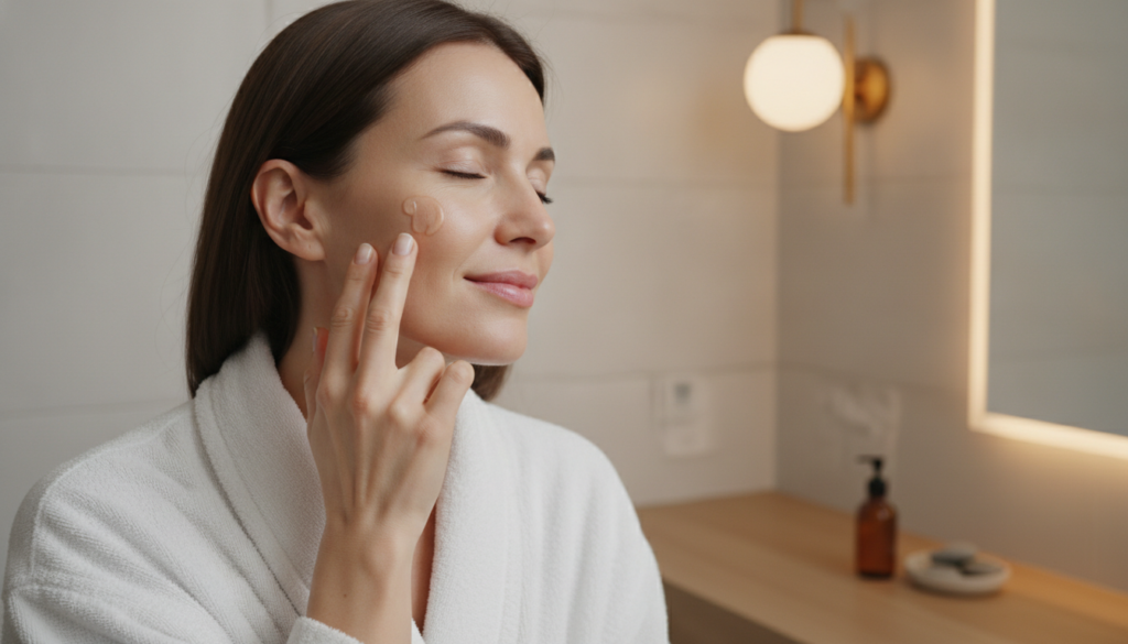 A woman gently applying a clear gel to her face during her nighttime skincare routine with soft lighting a serene expres