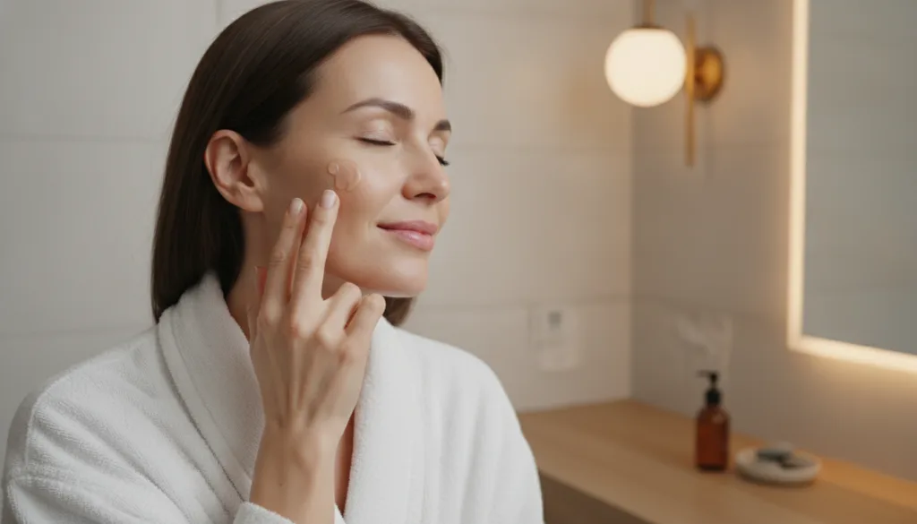 A woman gently applying a clear gel to her face during her nighttime skincare routine with soft lighting a serene expres