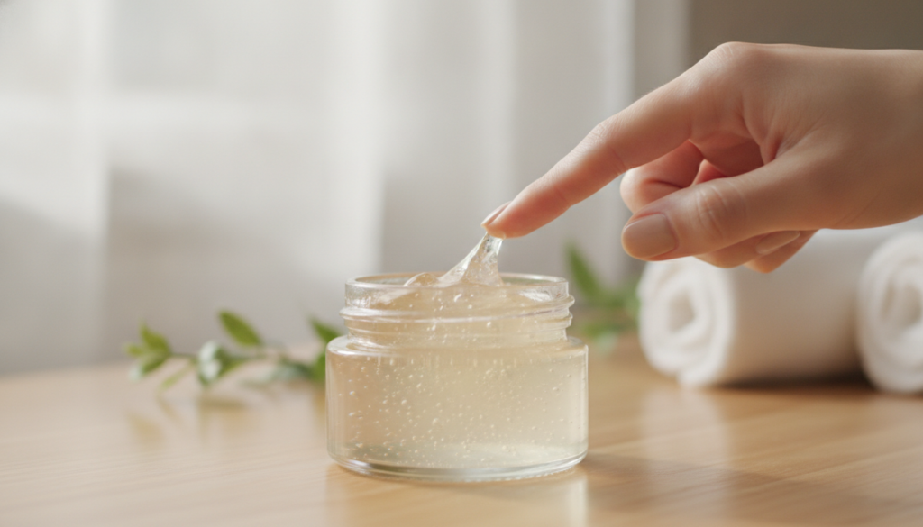A small glass jar filled with a homemade translucent slightly thick gel with a hand gently dipping a finger into it The 