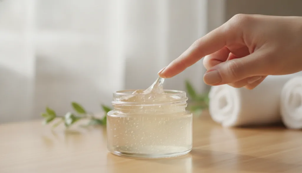 A small glass jar filled with a homemade translucent slightly thick gel with a hand gently dipping a finger into it The 