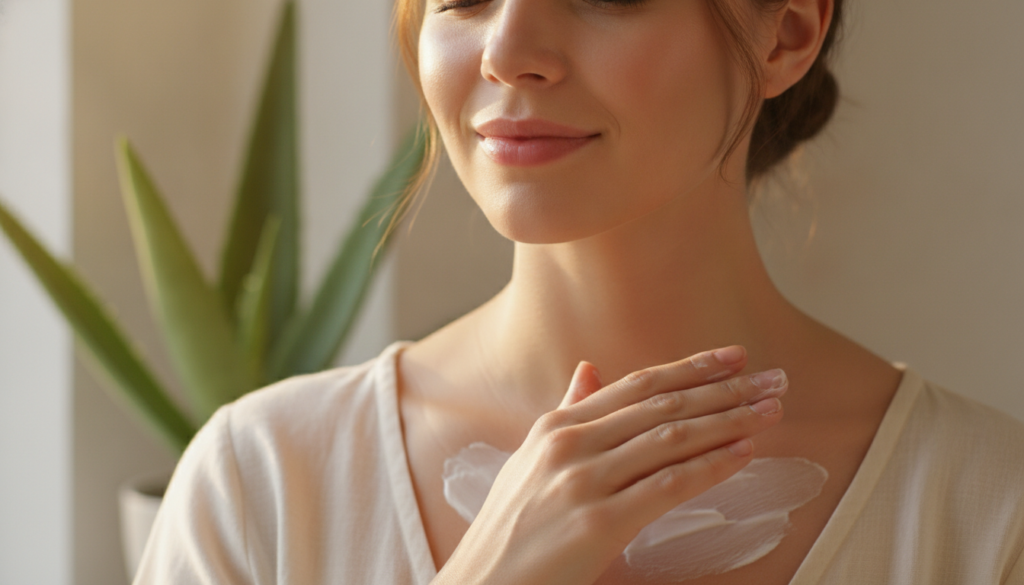 A woman applying a natural cream to her décolletage with a green aloe vera leaf visible in the background suggesting nat