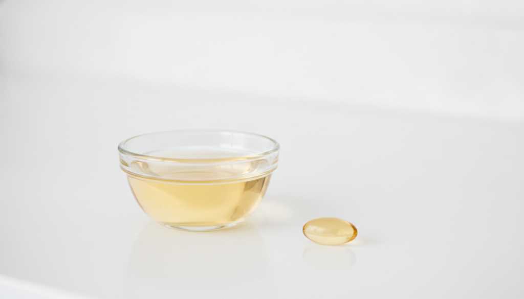 Small glass bowl with baby oil and a clear vitamin E capsule next to it on a clean light surface suggesting purity and s