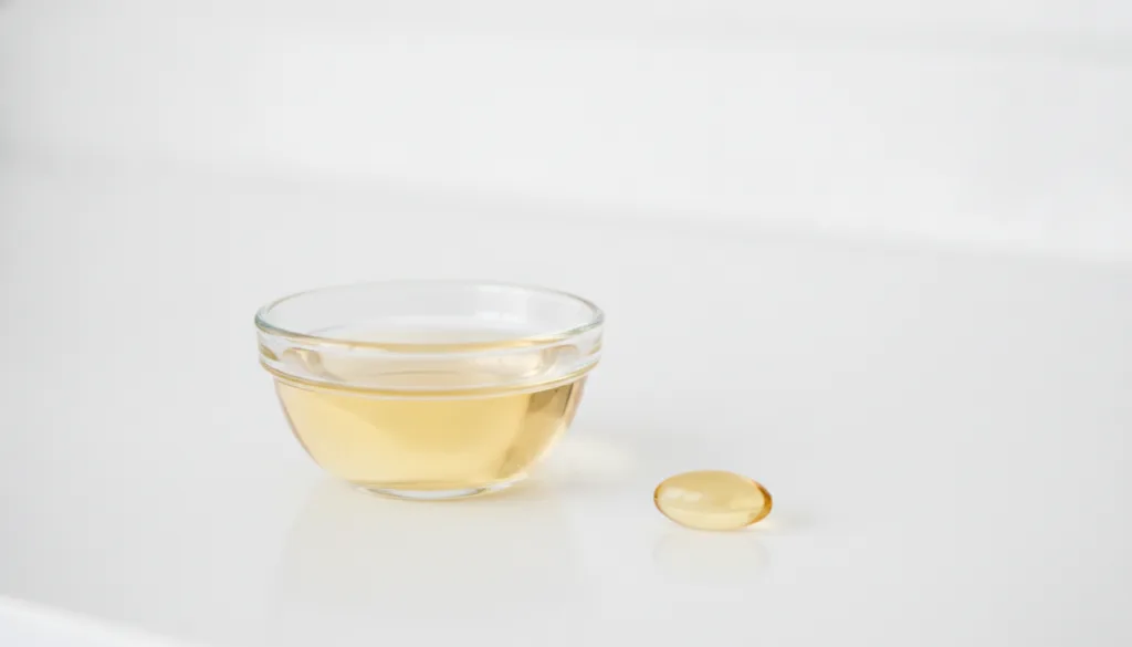 Small glass bowl with baby oil and a clear vitamin E capsule next to it on a clean light surface suggesting purity and s