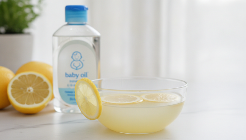 A small bowl with a mixture of baby oil and lemon juice with fresh lemon slices and a bottle of baby oil in the backgrou