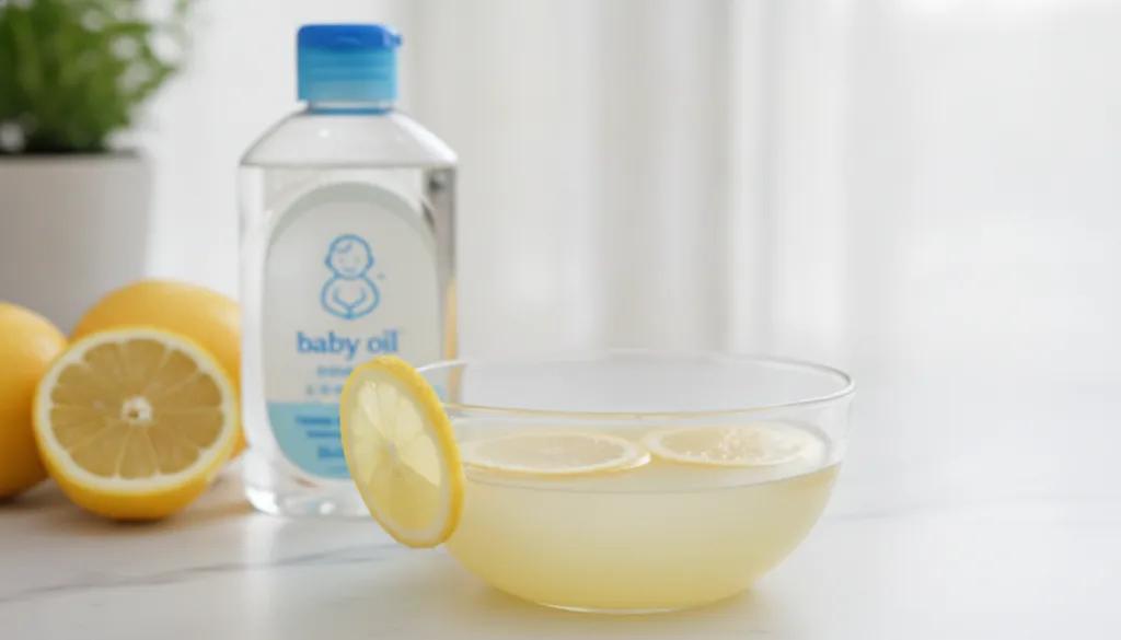 A small bowl with a mixture of baby oil and lemon juice with fresh lemon slices and a bottle of baby oil in the backgrou