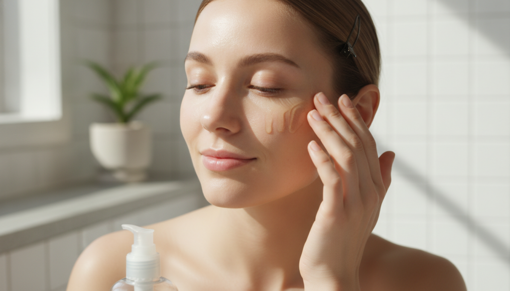 A woman gently applying baby oil to her face highlighting its smooth texture and her glowing skin The setting is bright 