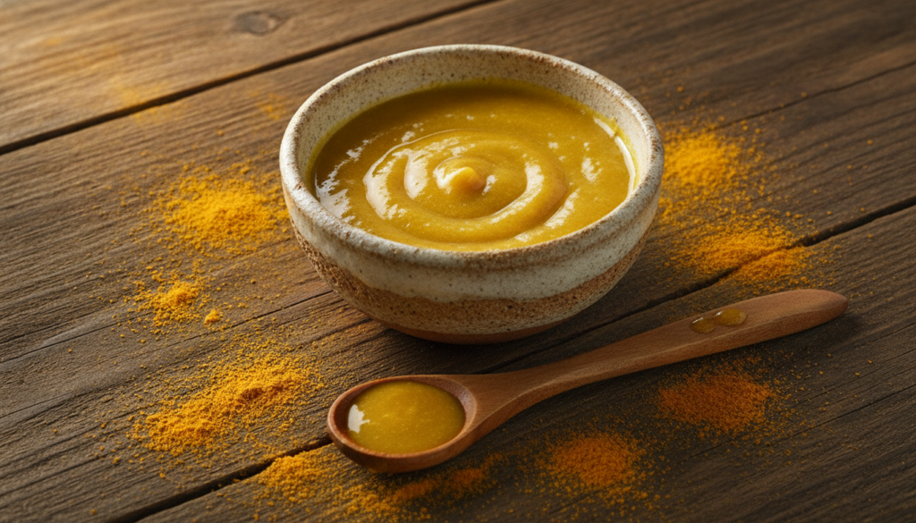 A small bowl containing baby oil and turmeric powder mixed with loose turmeric powder and a small spoon next to it empha